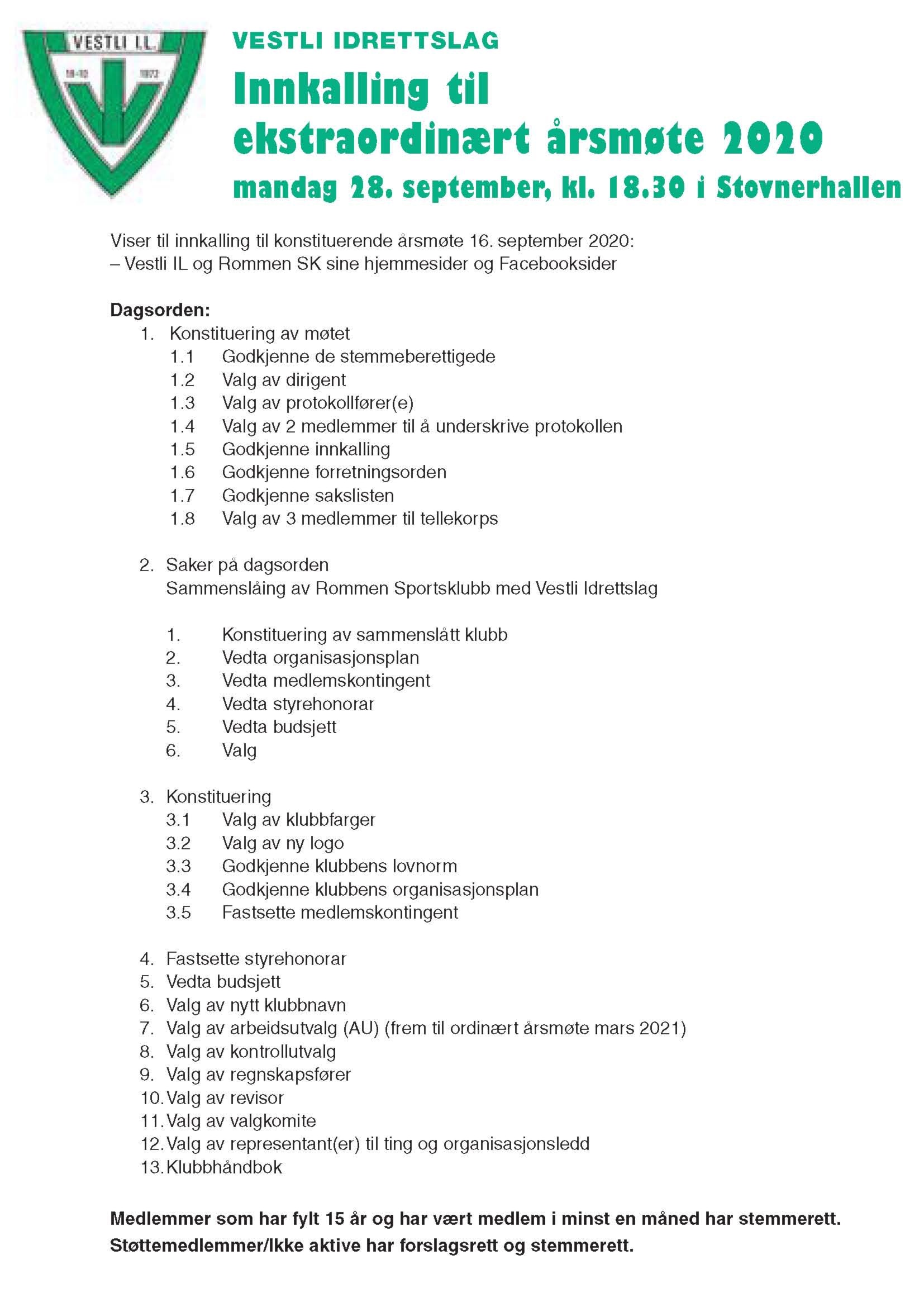 Innkalling til ekstraordinært årsmøte om fusjon av Rommen SK og Vestli IL